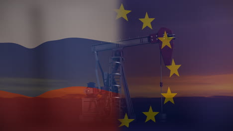 animation of russian flag and european union flags over crane moving against cloudy sky at sunset