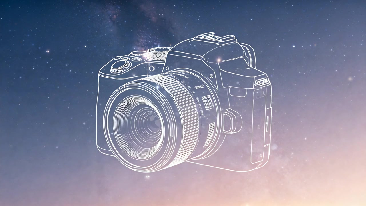 Fotogramas avanzando, causando que un boceto de DSLR blanco se desplace para enfocar contra el cielo crepuscular, con la lente acentuando