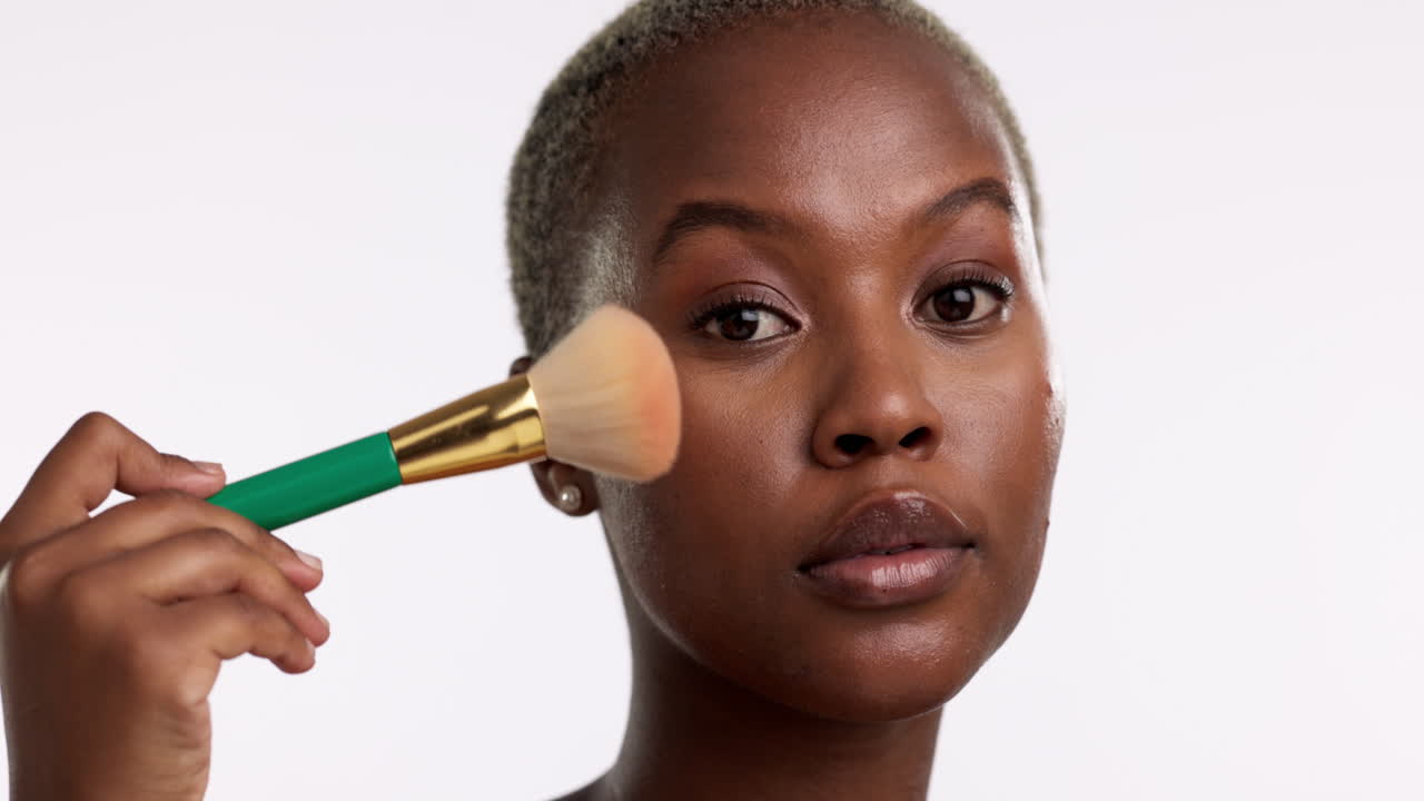 Beauty, makeup and brush with face of black woman
