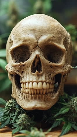 Skull among cannabis pots. A human skull is surrounded by lush cannabis plants and small pots, creating a striking contrast indoors.
