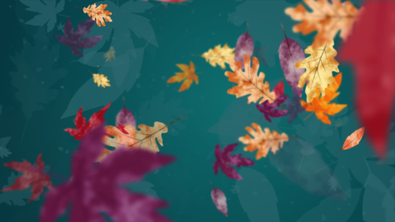 Autumn blurred turquoise background with falling colored yellow, red tree leaves. Abstract artistic animation. Looped motion graphics.