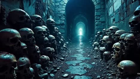 a tunnel full of skulls in a dark tunnel