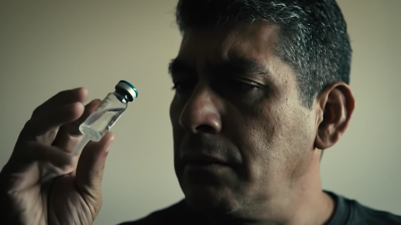 A Contemplative Moment: A Man Reflects on a Vial of Medicine in the Balance of Hope and Uncertainty