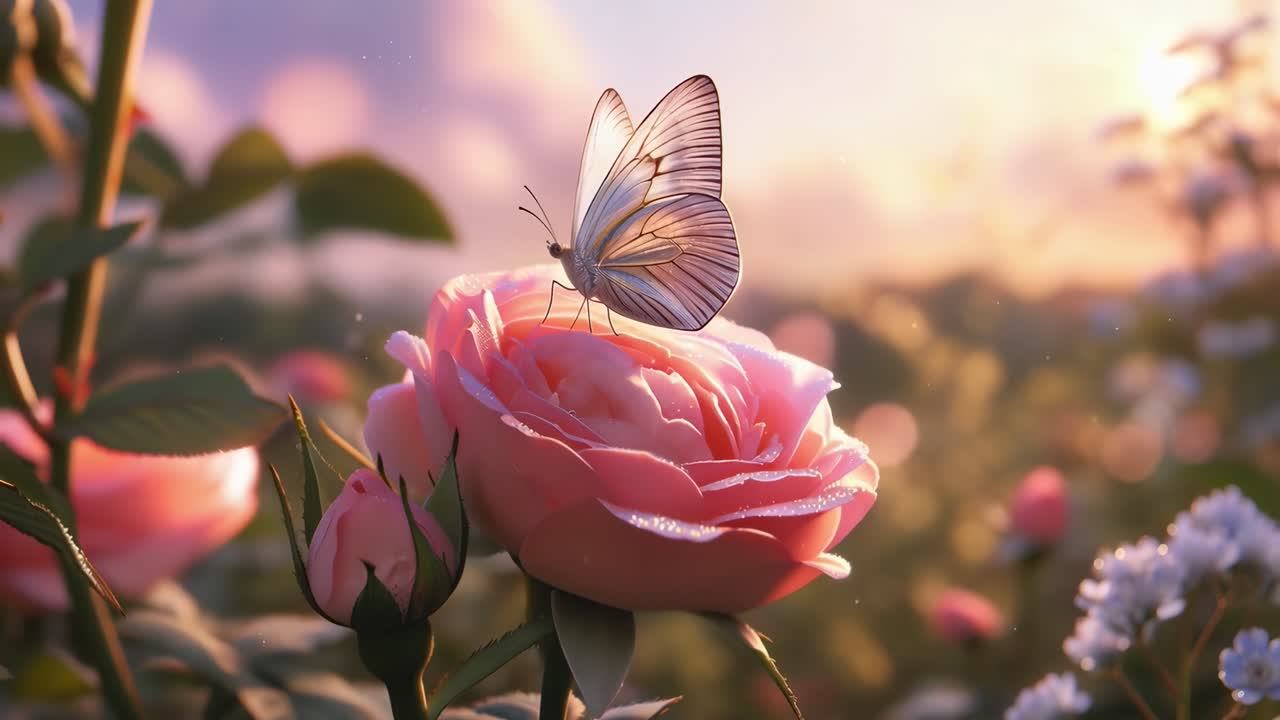 Video in primo piano di una farfalla su una rosa rosa, ripreso all'alba con una messa a fuoco morbida