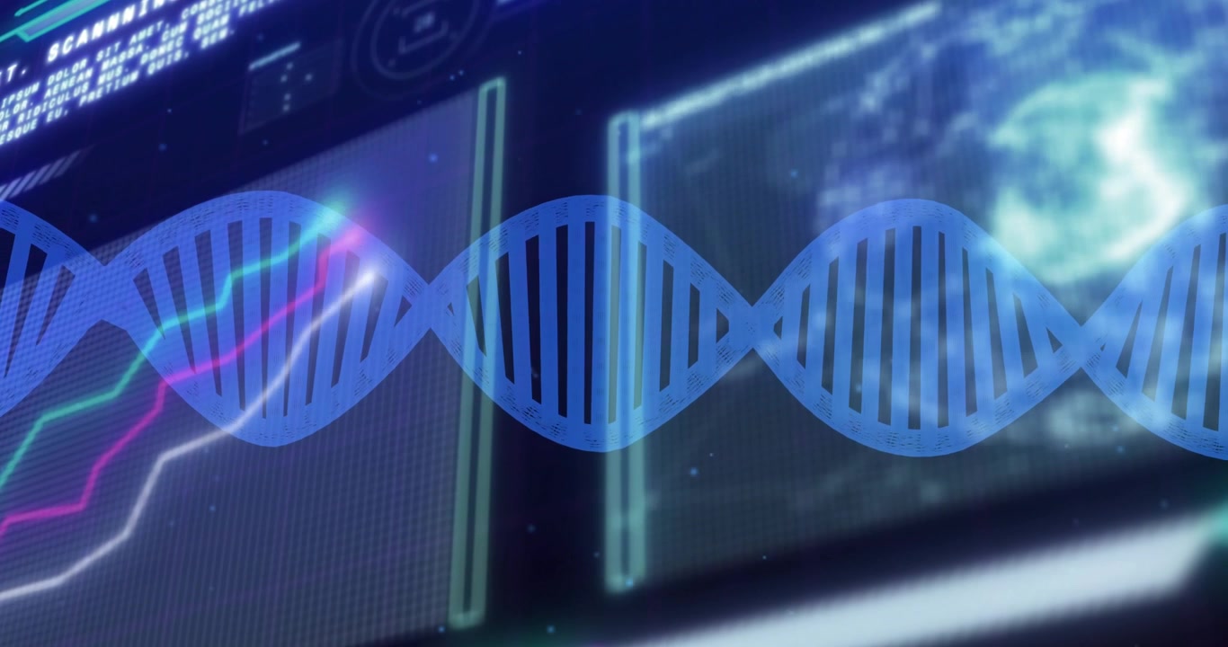 Tech interface animating waveform pulses and code flashes, globe brightening for DNA helix readout
