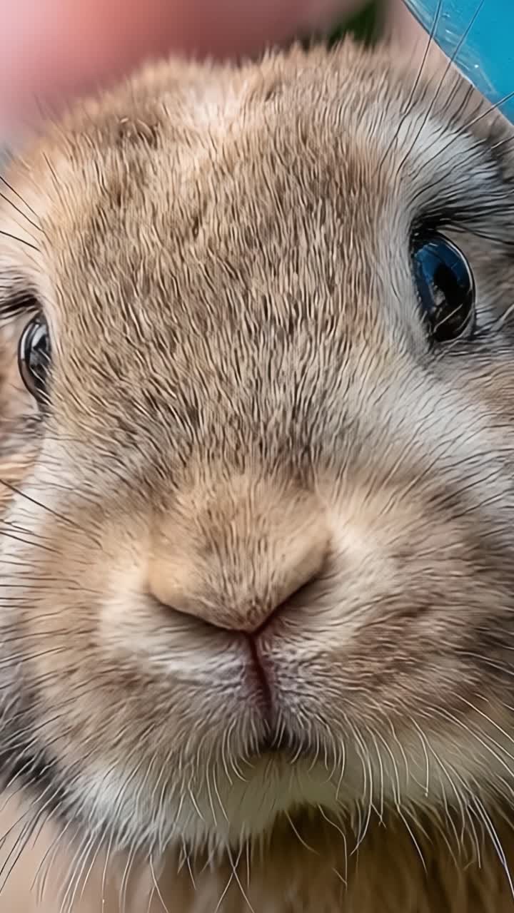 Ritratto ravvicinato di un adorabile coniglio che mostra le sue tenere caratteristiche e i suoi occhi accattivanti, perfettamente catturato in due fotogrammi da una commovente sequenza video