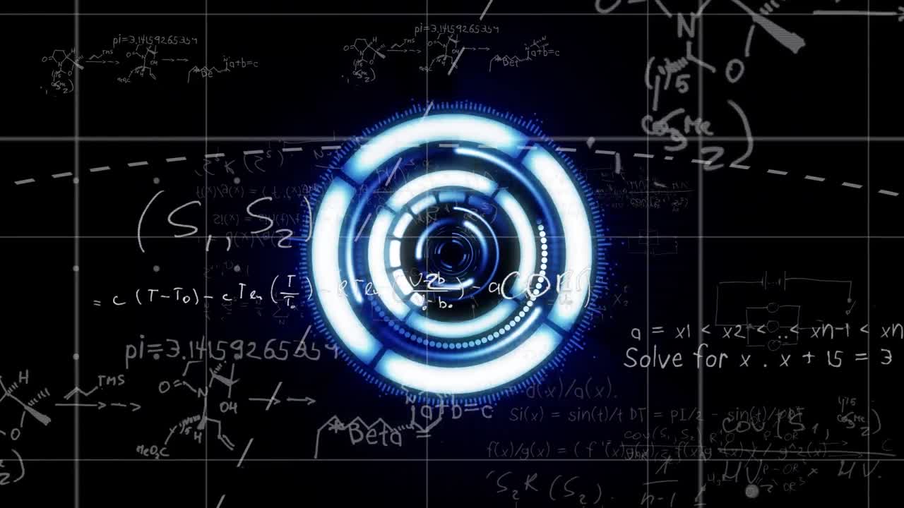 Animazione di scansione a mirino ed equazioni matematiche su sfondo nero.