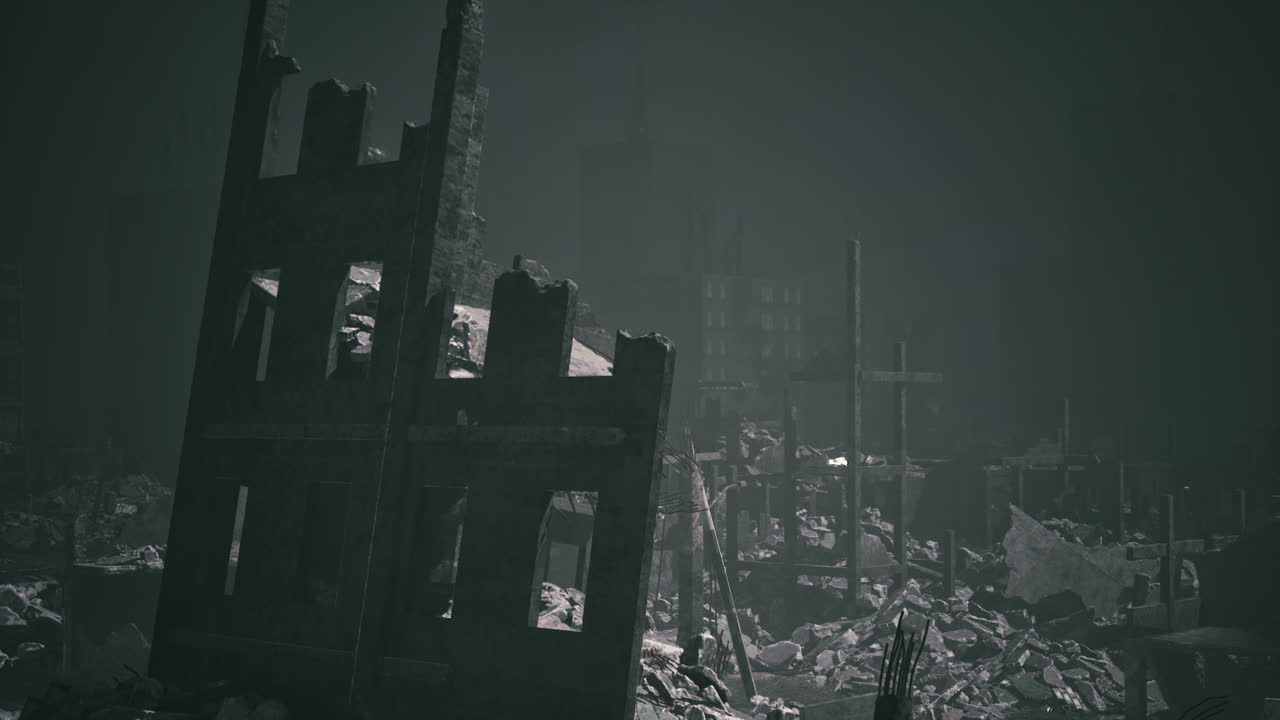 Ruins of a destroyed building in a desolate urban landscape