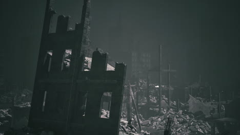 ruins of a destroyed building in a desolate urban landscape