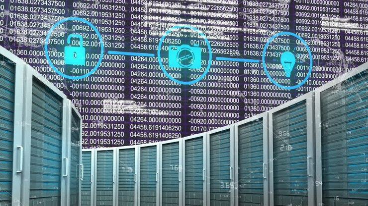 Network of connection icons against multiple server