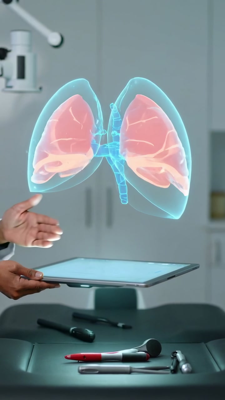 Vertical video: Holding tablet doctor in coat in clinic projecting 3D lung rotating to show airways