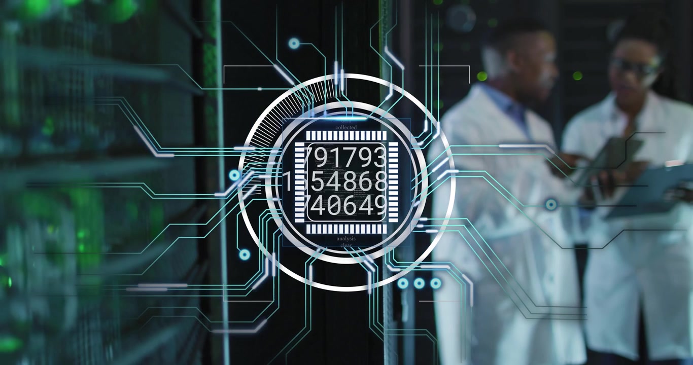 Circular HUD appearing over IT rack expanding circuits while techs diagnosing status with tablet