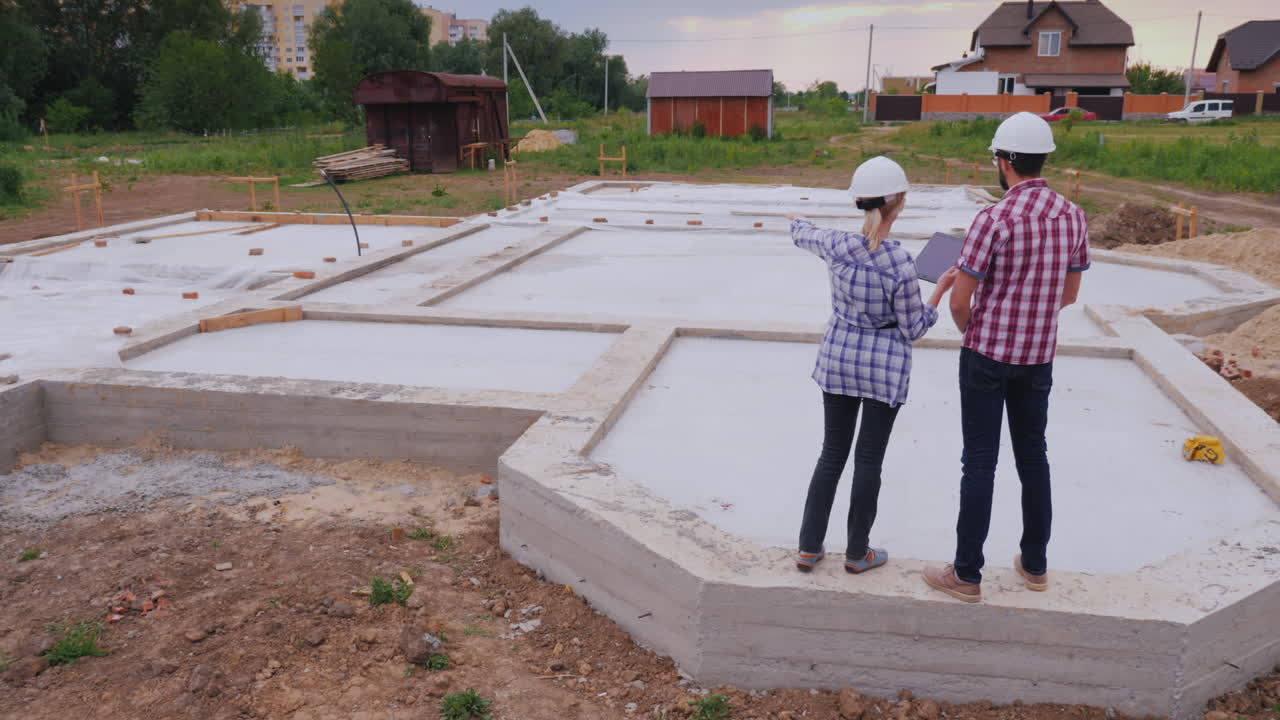 dos constructores: un hombre y una mujer están en la base del futuro edificio discutiendo el plan de trabajo