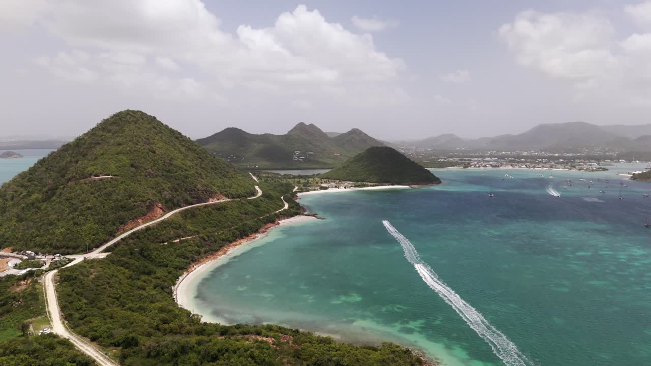 Boats Leaving Wake In The Ocean In Five Islands Harbour In Antigua And Barbuda - Aerial Drone Shot
