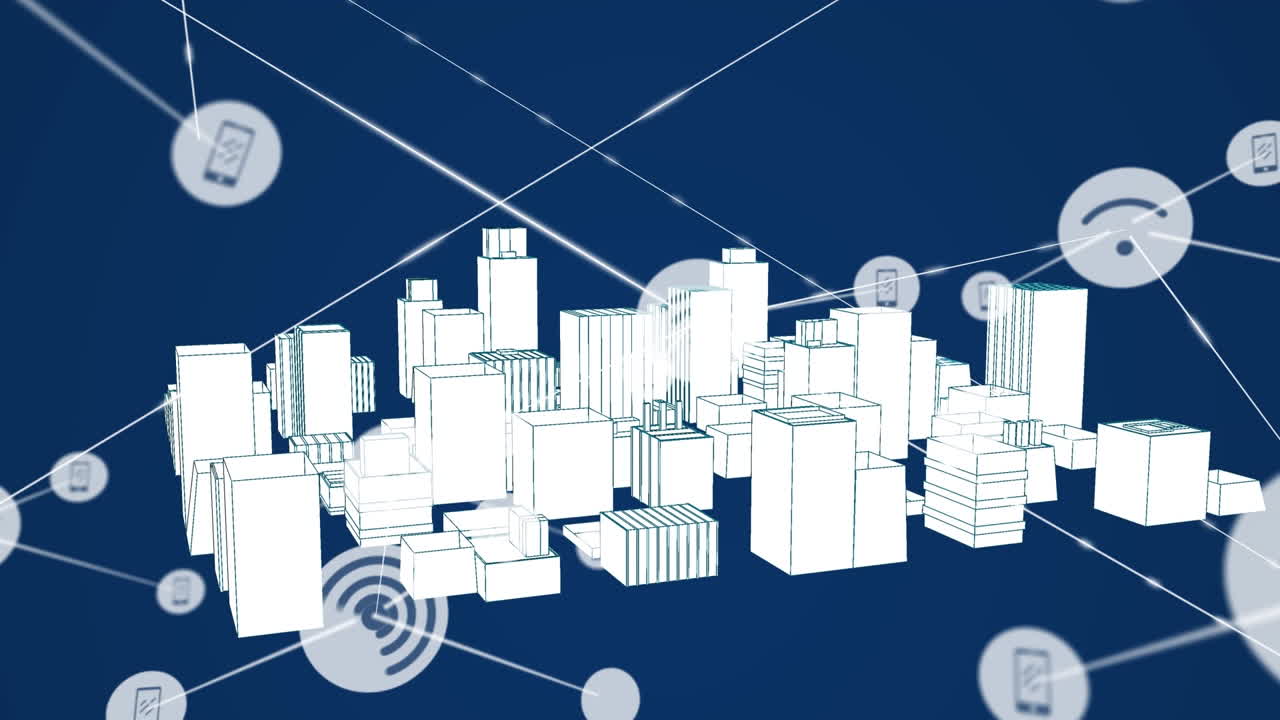 그래픽 마천루 위의 라인과 연결되는 드폰 및 wi-fi 아이콘의 애니메이션