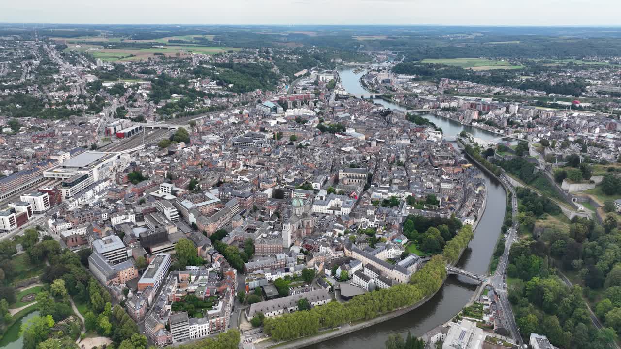 Namur, Belgium, city center overview, urban environment. Aerial drone video
