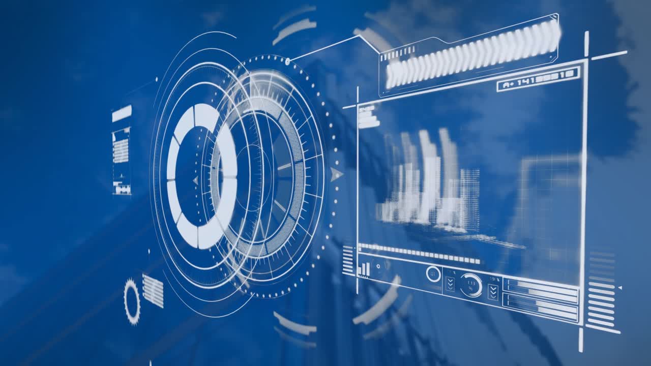 animación de la interfaz con escáner redondo y procesamiento de datos sobre vista de ángulo bajo de un edificio alto.