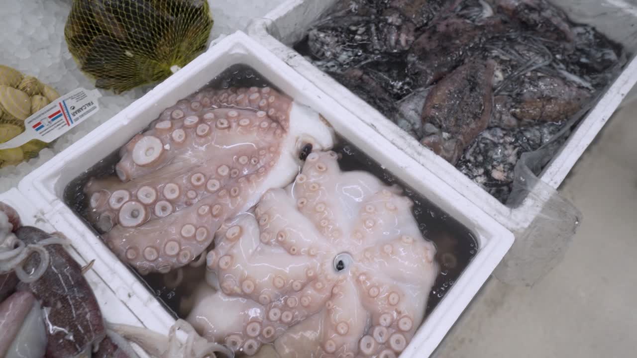 pulpo, calamares y mariscos exhibidos en hielo en una tienda de pescado en un mercado local