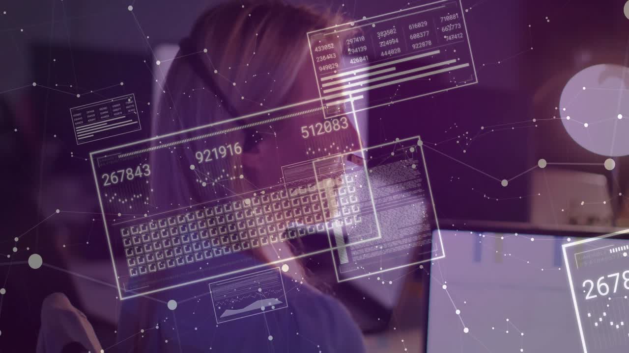 Woman typing on laptop adjusting headset when animated data overlays updating for data analysis