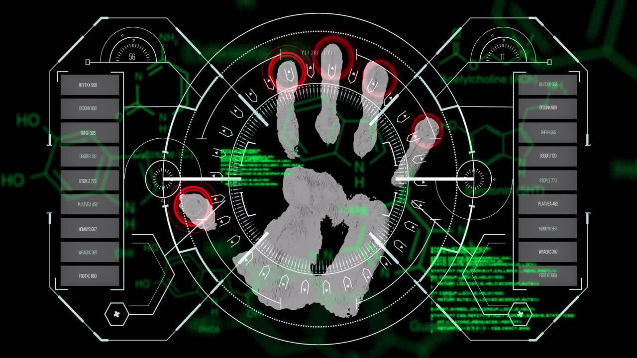 анимация химических формул и обработка данных по отпечаткам пальцев на черном фоне