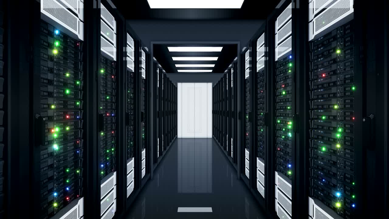Beautiful Seamless Server Racks Moving Through the Opening Doors in Data Center. Looped 3d Animation with Flickering Computer Lights. Big Data Cloud Technology Concept.