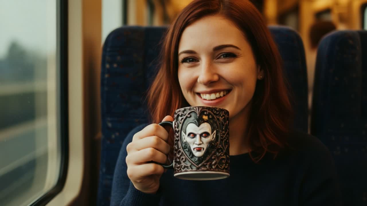 A joyful woman holds a decorative mug with a theatrical design while sitting in a train, enjoying the journey with a cheerful expression and a warm beverage in a cozy setting