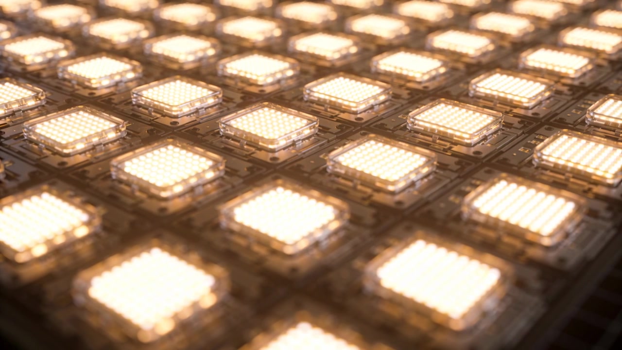 Moving camera dolly revealing LED module array in studio, showcasing emitter detail for inspection