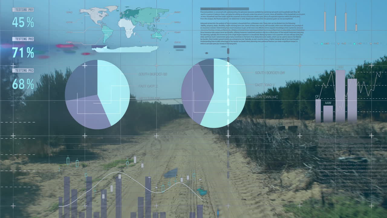 animación del procesamiento de datos, mapa del mundo y diagramas sobre el paisaje