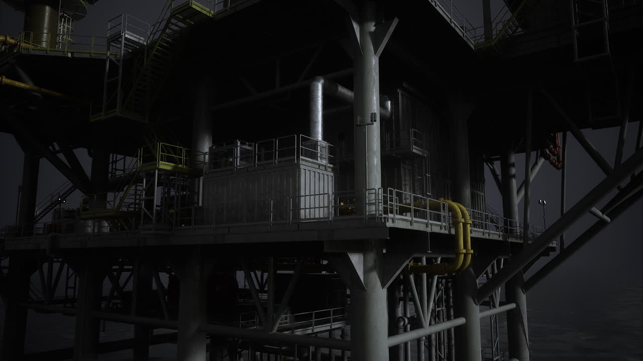 Offshore oil platform illuminated by dim lights during night