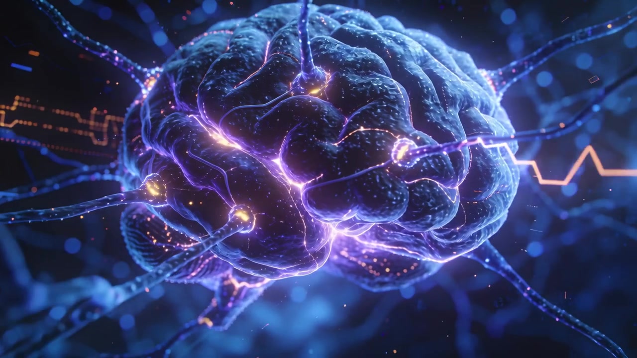 Orbiting camera revealing 3D brain pulsing synapse nodes along axon filaments for signals