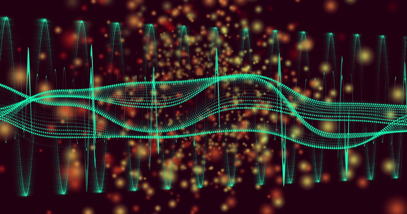 Golden particles emerging and rising, swirling around teal waveform flexing creating layered depth