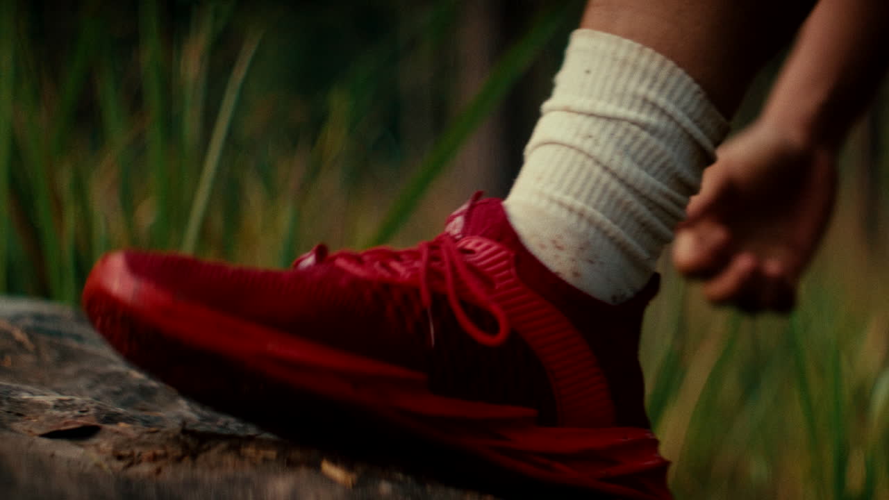 Person tying shoes outdoors