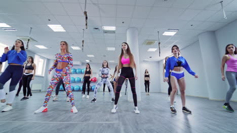 Group of women exercising in gym. Girls doing exercises at indoor physical fitness cross training exercise