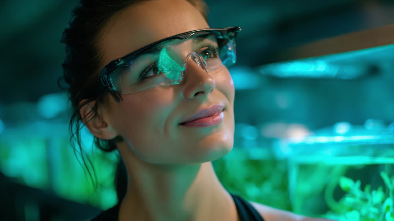 Una donna con occhiali protettivi futuristici guarda pensierosa tra acquari illuminati pieni di piante acquatiche, che riflettono curiosità e innovazione in un ambiente sereno e vivace