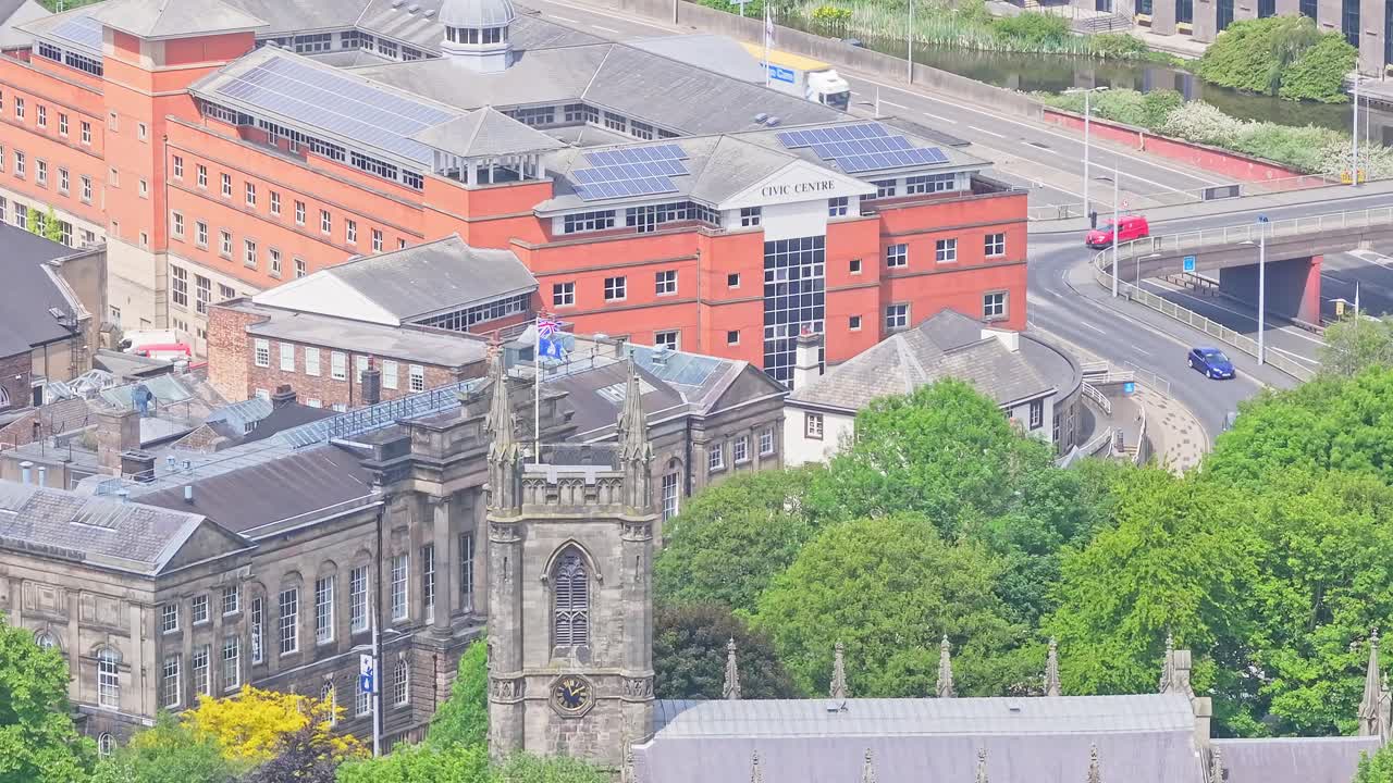 Aerial view of Stoke-on-Trent Civic Centre and St. Peter’s Church, showing red-brick council offices and Gothic architecture in Staffordshire’s civic district