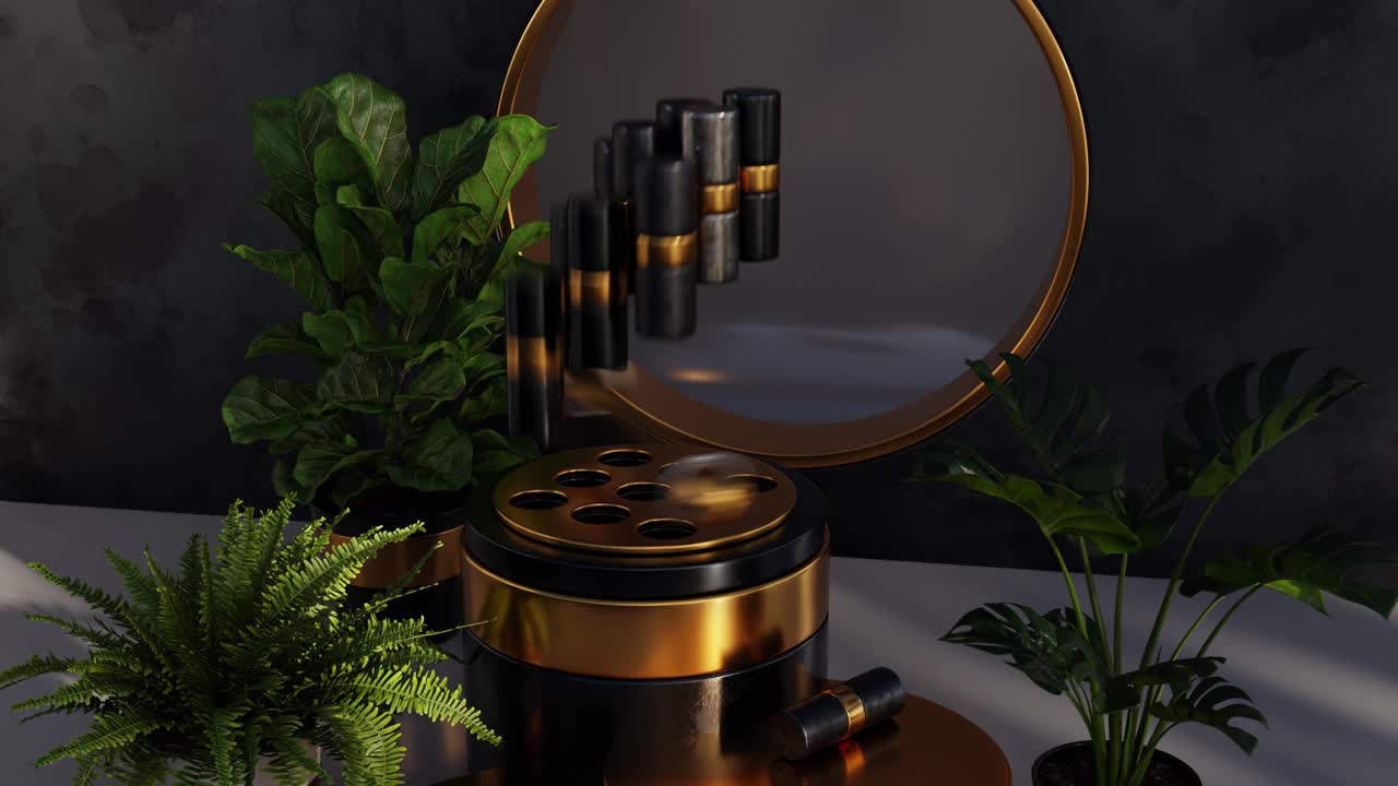 Elegant Cosmetics Display with Plants and Gold Accents