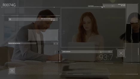 Animation-of-interface-with-data-processing-over-diverse-businesspeople-working-at-office