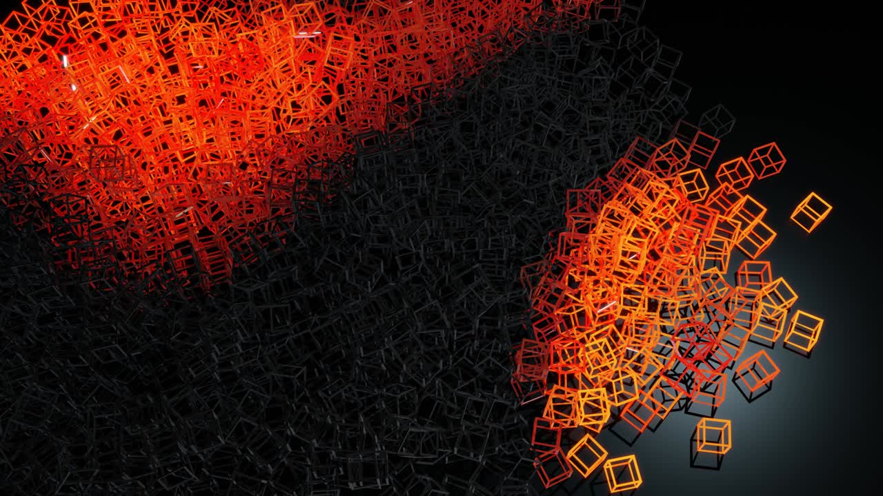 una onda colorida atraviesa cubos como en la guirnalda de navidad, un fondo en bucle abstracto en 3d con muchos cubos grises en el plano. los cubos comienzan a brillar formando un patrón rojo naranja que cambia.