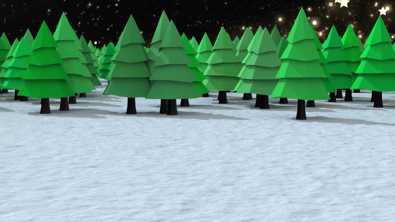 Multiple trees on winter landscape against shooting star on black background