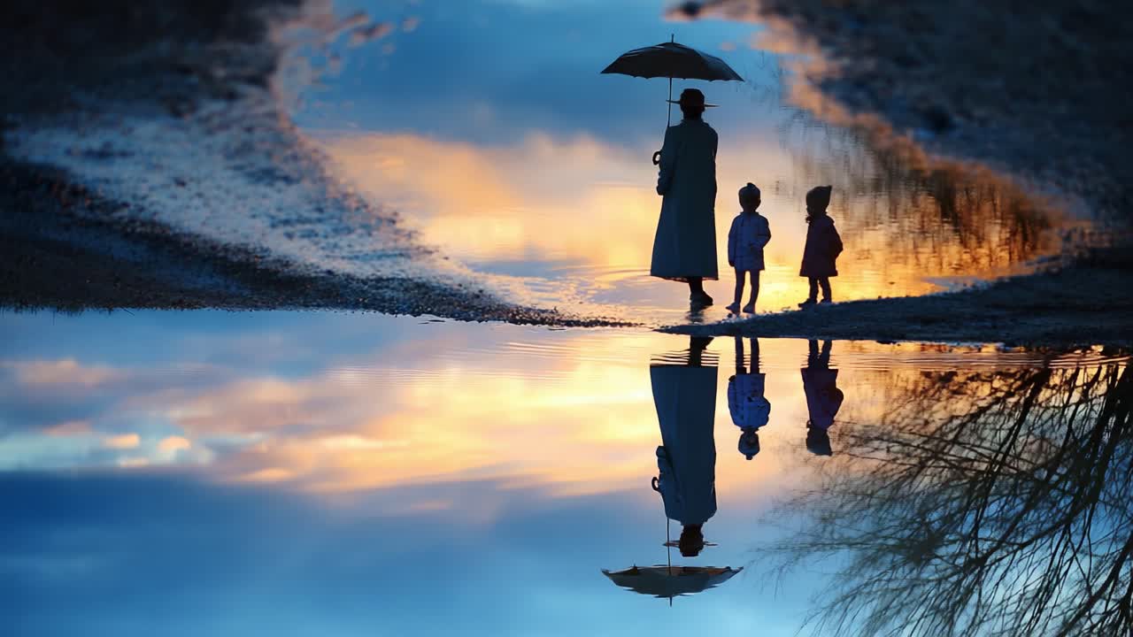 A Serene Evening Stroll: A Mother and Her Children Walk Together Under an Umbrella, Mirroring Nature's Beauty in a Reflective Pool at Sunset with Enchanting Colors