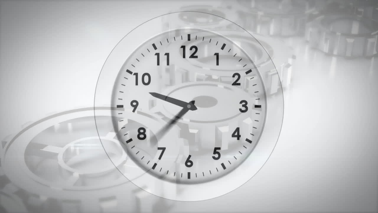 Animation of moving clock over cog wheels on white background