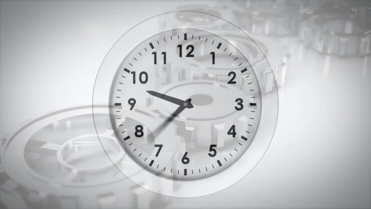 Animation of moving clock over cog wheels on white background