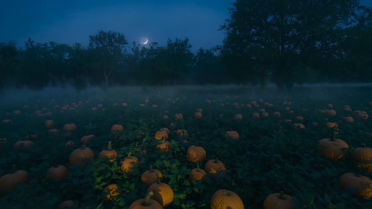 Dollying camera forward through pumpkins under crescent moon, capturing eerie drift of mist