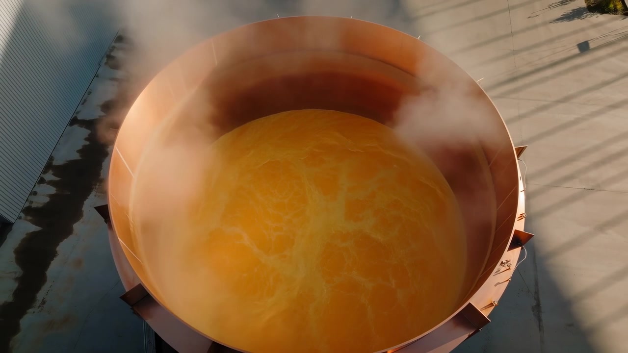 Una ciotola di ceramica piena di zuppa fumante è posizionata su un tavolo da picnic all'aperto e soleggiato, creando un'atmosfera calda e accogliente. La vista dall'alto evidenzia le vivaci tonalità arancioni e marroni