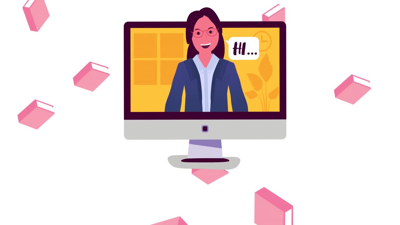 Animation of falling pink books and woman on computer screen saying hi, on white