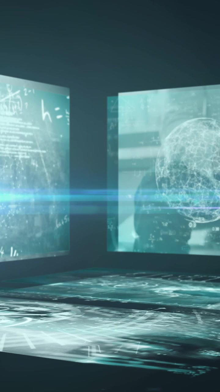 Animation of blue light spot of multiple screens with data processing against green background