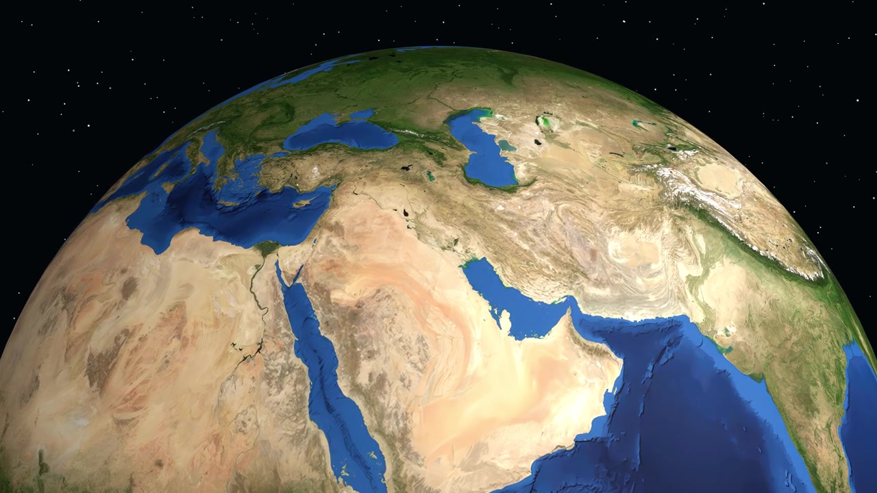 Dönen 3D küre, Irak'ın Nasıriye şehrine yakınlaşarak bir konum pimi ve bölgesel bilgiler gösteriyor.