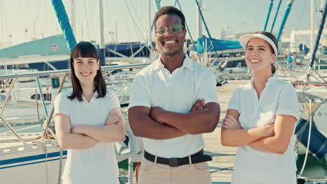 Man,-women-and-ship-with-sailor-team-at-port