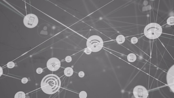 Animazione di una rete crescente di icone di media e Wi-Fi che trasferiscono dati su sfondo grigio