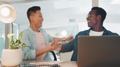 businessman, laptop and high five success